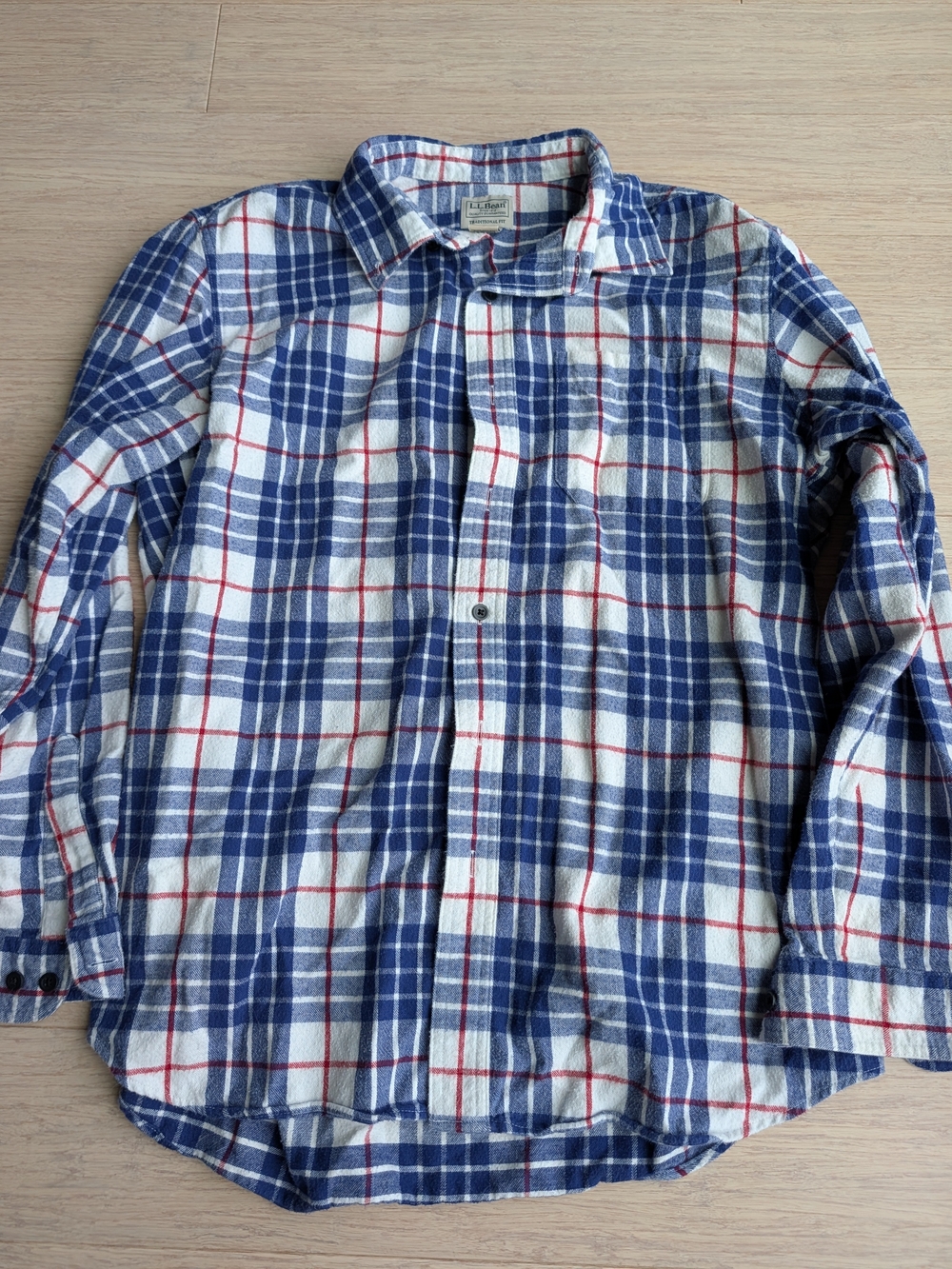 L.L. Bean Blue and White Plaid Button-Down Shirt with Red Accents